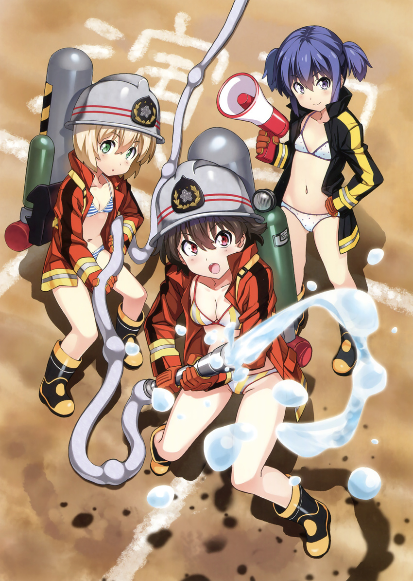 absurdres bikini black_jacket blonde_hair blue_hair blush boots breasts brown_hair closed_mouth collarbone eyebrows_visible_through_hair fire_helmet firefighter from_above full_body gloves green_eyes hair_between_eyes highres holding hose jacket kuuchuu_yousai looking_at_viewer medium_breasts megaphone multiple_girls open_clothes open_jacket open_mouth orange_gloves orange_jacket original parted_lips polka_dot polka_dot_bikini purple_eyes red_eyes scan short_hair short_twintails small_breasts smile standing striped striped_bikini striped_jacket swimsuit tank_(container) twintails v-shaped_eyebrows water white_bikini