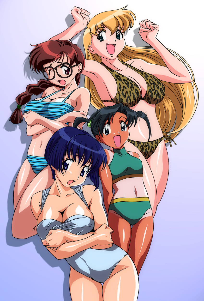 ai_yori_aoshi arms_behind_back bikini black_eyes black_hair blonde_hair blue_eyes blue_hair blush braid breasts brown_eyes brown_hair crossed_arms drop_shadow flat_chest glasses green_eyes highres large_breasts long_hair minazuki_chika minazuki_taeko multiple_girls one-piece_swimsuit one-piece_tan revision sakuraba_aoi shinobi_(artist) shiny shiny_skin short_hair swimsuit tan tanline tina_foster twintails