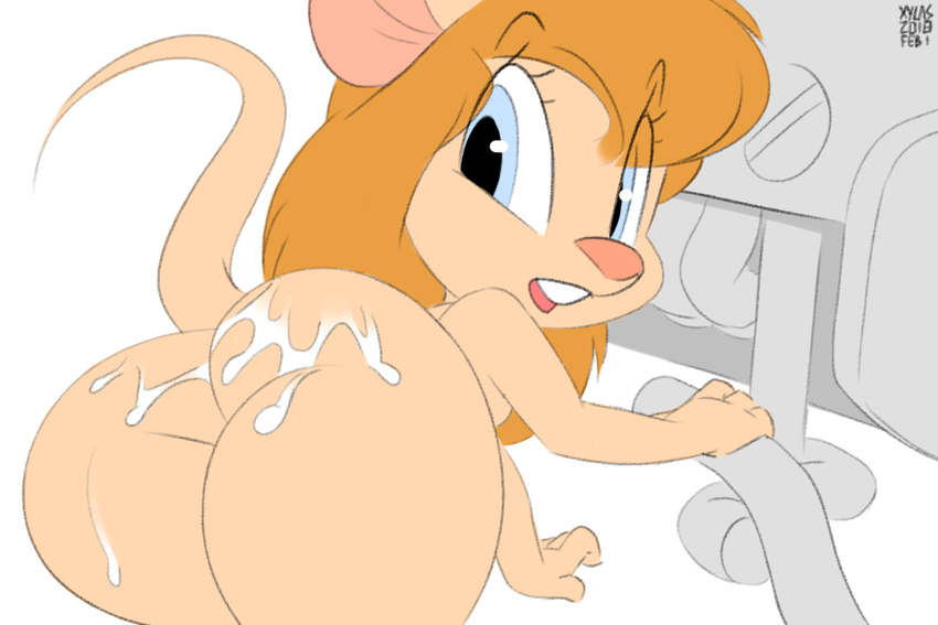 2018 4_fingers anthro bangs big_butt big_ears blue_eyes butt chip_'n_dale_rescue_rangers cum cum_on_butt digital_media_(artwork) disney eyelashes female gadget_hackwrench hair looking_back mammal mouse nude orange_hair plumber rear_view rodent signature simple_background solo teeth thick_thighs white_background xylas