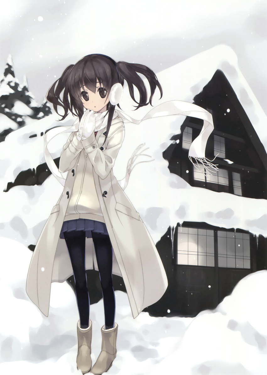 absurdres beige_boots black_legwear blue_skirt blush brown_hair coat earmuffs head_tilt highres house long_hair long_sleeves looking_at_viewer mittens open_clothes open_coat original outdoors own_hands_together pantyhose parted_lips pigeon-toed pleated_skirt sasaki_mutsumi scan scarf skirt snow snowing solo standing tree twintails white_coat white_scarf