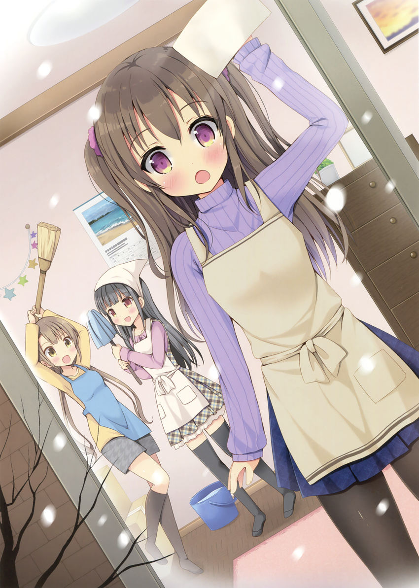 :d absurdres apron arms_up black_hair black_legwear blue_apron blue_skirt blush brown_eyes brown_hair dutch_angle eyebrows_visible_through_hair from_outside green_eyes grey_apron hair_between_eyes hair_ornament hair_scrunchie highres holding long_hair looking_at_viewer miniskirt mori_airi multiple_girls open_mouth original pantyhose pleated_skirt purple_eyes purple_scrunchie purple_sweater scrunchie shirt skirt smile snowing standing sweater thighhighs twintails white_apron yellow_shirt