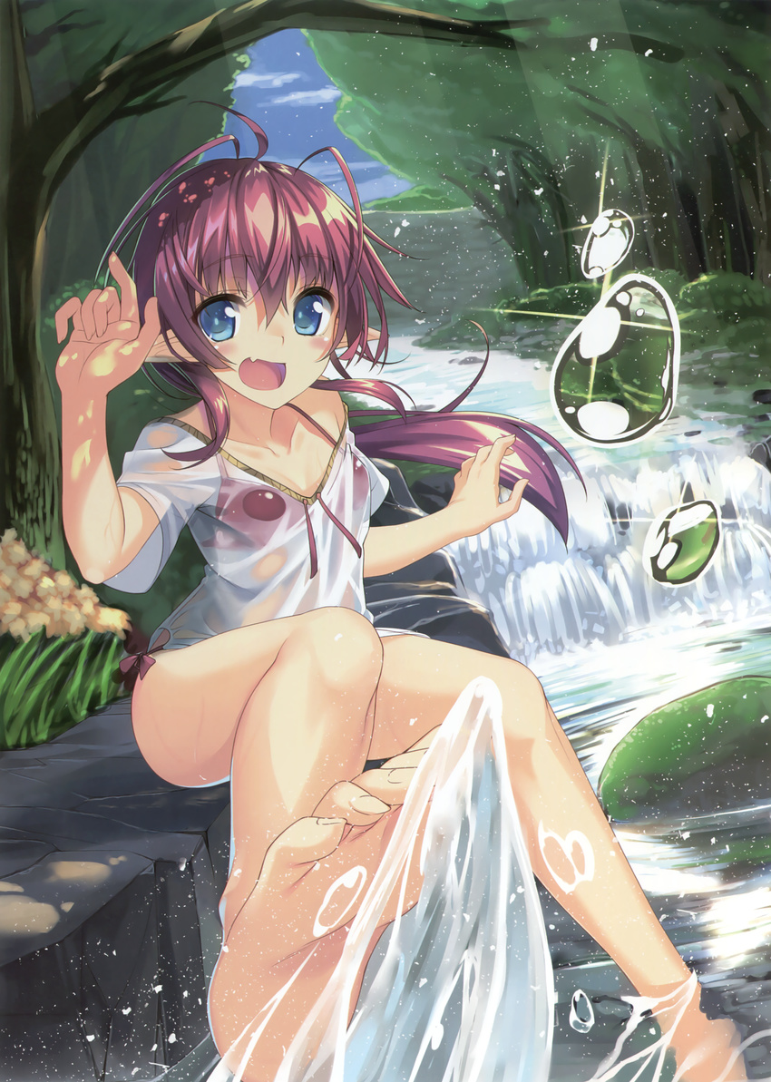 absurdres barefoot bikini blue_eyes breasts brown_hair cleavage collarbone day eyebrows eyebrows_visible_through_hair feet foreshortening forest hair_between_eyes highres long_hair looking_at_viewer nature non-web_source open_mouth original outdoors pointy_ears ponytail red_bikini scan see-through shirt small_breasts soles solo swimsuit toes water wet wet_clothes wet_shirt white_shirt yukichin
