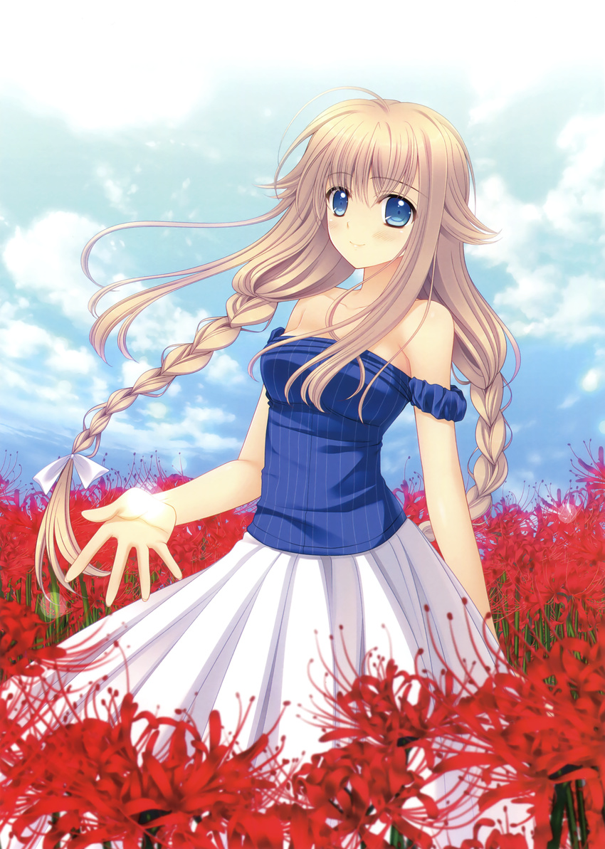 absurdres bare_shoulders blue_eyes blush bow braid breasts cloud cloudy_sky collarbone day dress eyebrows eyebrows_visible_through_hair field flower flower_field hair_bow highres light_brown_hair long_hair looking_at_viewer medium_breasts nishimata_aoi non-web_source original outdoors pleated_skirt red_flower skirt sky smile solo sundress twin_braids white_bow white_skirt