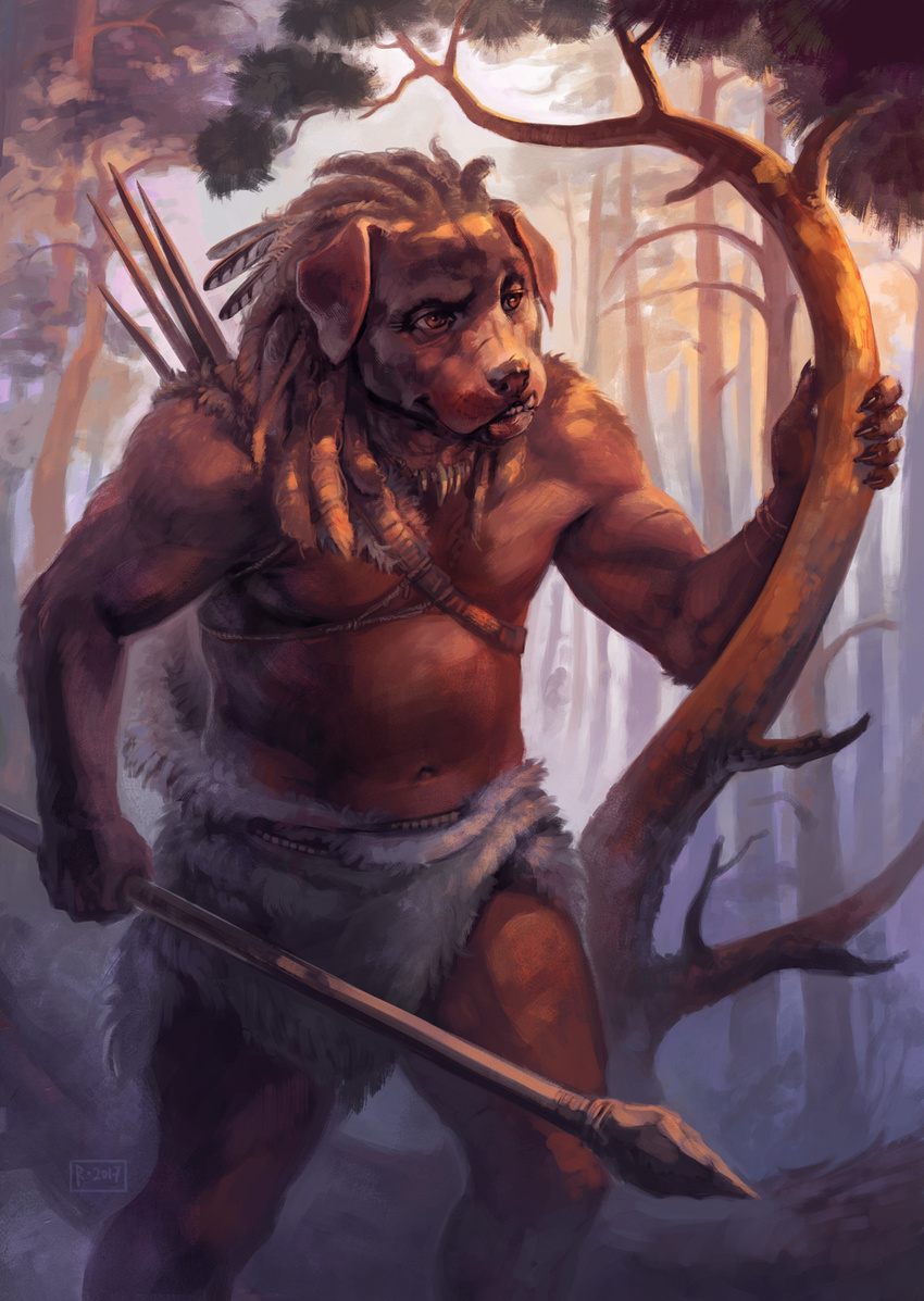 2017 5_fingers anthro brown_eyes canine clothed clothing day detailed_background dog holding_object holding_weapon male mammal melee_weapon outside polearm skitalets solo spear standing topless weapon