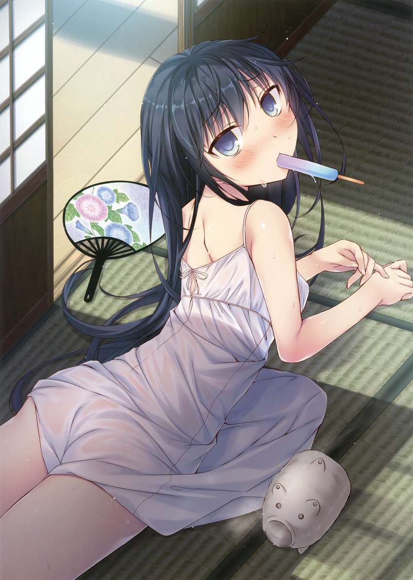 absurdres black_hair blue_eyes blush day dress eyebrows_visible_through_hair fan food hair_between_eyes highres hirari ice_cream indoors kayari_buta long_hair looking_at_viewer looking_back lying mouth_hold on_floor on_stomach original sleeveless sleeveless_dress sliding_doors solo sundress sweatdrop tatami very_long_hair white_dress