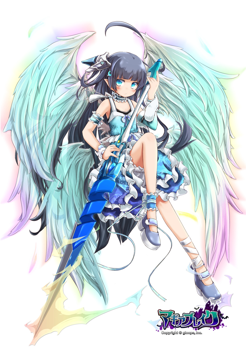 ahoge akino_coto ankle_garter arm_garter asymmetrical_clothes black_hair blue_eyes detached_sleeves frills full_body hair_ornament highres lance long_hair looking_at_viewer multicolored multicolored_wings official_art original pointy_ears polearm revision single_detached_sleeve solo transparent_background weapon wings