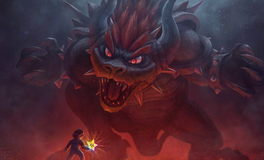 2018 absurd_res anthro battle belly_scales biped bowser bracelet clothed clothing collar crouching curved_horns dark_theme detailed detailed_scales digital_media_(artwork) digital_painting_(artwork) duo fight fighting_stance fog free4fire giga_bowser gloves glowing gradient_background grey_background hair hat hi_res holding_object human intense jewelry koopa lighting looking_down macro male mammal mario mario_bros nintendo nude open_mouth overalls red_background red_eyes red_hair red_theme roaring scales scalie shadow sharp_teeth shell shirt simple_background slit_pupils spiked_bracelet spiked_collar spiked_shell spikes standing star super_smash_bros teeth video_games