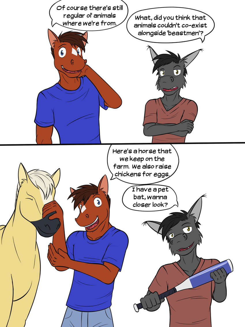 anthro baseball_bat bat blake_jackson comic dialogue english_text equine feral fuze horse humor kenta_yamashita male mammal pun simple_background texnatsu text white_background