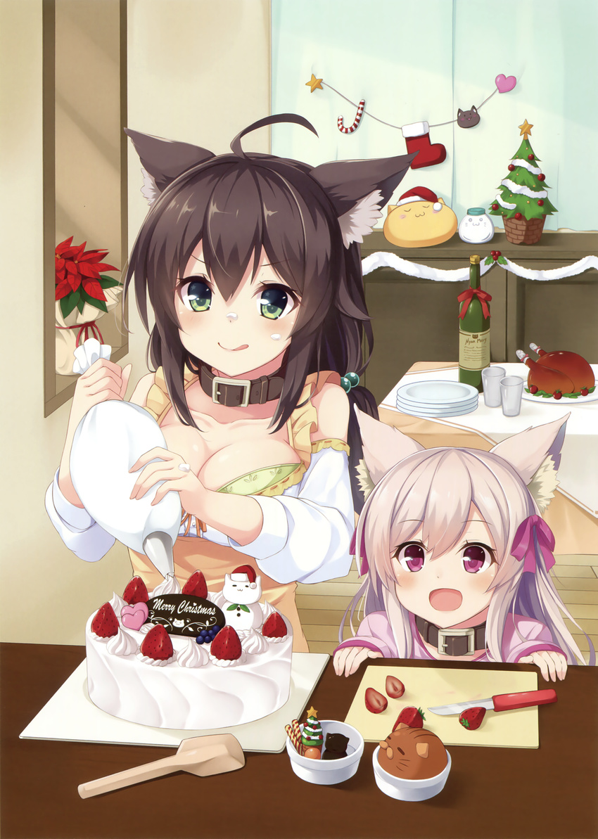 :3 :d :q absurdres ahoge animal_ears apron bare_shoulders blueberry blush bottle breasts brown_hair cake candy candy_cane cat_ears chicken_(food) child chocolate christmas christmas_stocking christmas_tree cleavage closed_mouth collar collarbone cutting_board eyebrows_visible_through_hair flower food food_on_face fruit glass green_eyes hair_between_eyes hair_bobbles hair_ornament hair_ribbon hat highres holding indoors knife large_breasts long_hair multiple_girls open_mouth original pastry_bag pink_eyes pink_ribbon plate poinsettia ribbon santa_hat scan sleeves_past_wrists smile spatula star strawberry table takehana_note tongue tongue_out v-shaped_eyebrows wine_bottle