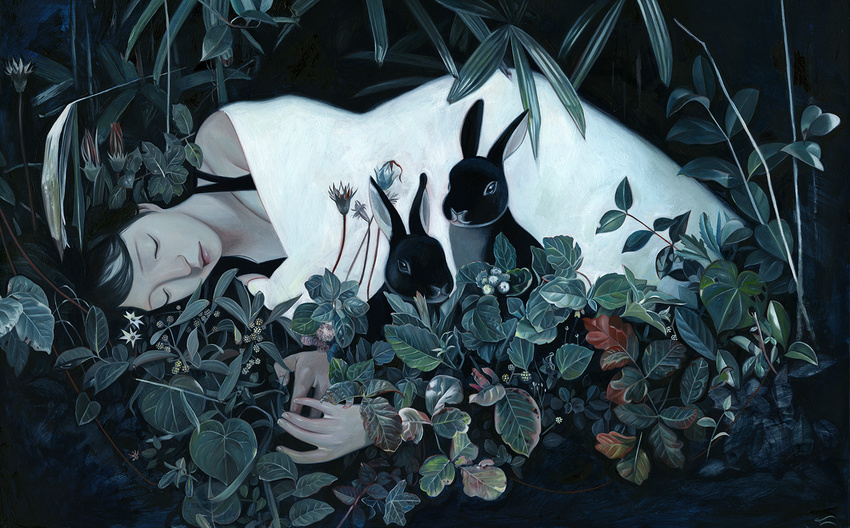 ambiguous_gender big_ears black_eyes black_fur black_hair clothed clothing detailed_background eyes_closed female feral flower fur grey_belly group hair high-angle_view human lagomorph leaves lying mammal nature oil_painting outside plant rabbit relaxing shjnam sitting sleeping traditional_media_(artwork)