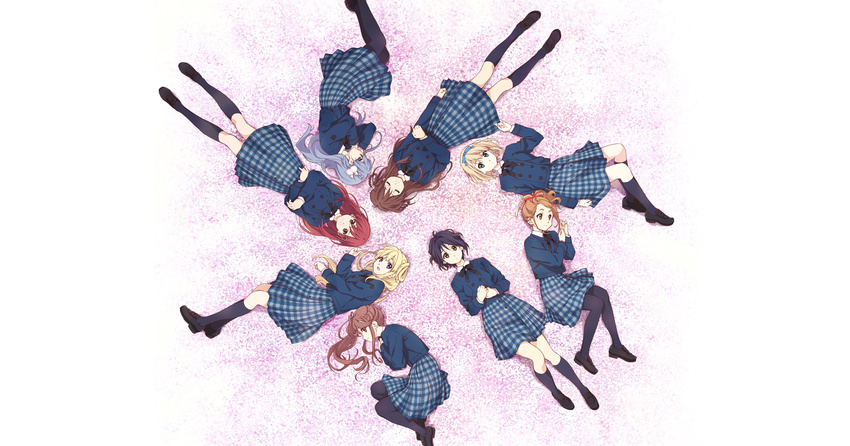 6+girls black_hair black_legwear blonde_hair blue_ribbon braid brown_eyes brown_hair closed_eyes flower_bed fujima_sakura green_eyes hair_ornament hair_ribbon highres key_visual kouno_miyako loafers long_hair lying maruyama_akane multiple_girls neck_ribbon official_art on_back pantyhose red_eyes red_hair ribbon saitou_nicole satou_reika school_uniform shoes short_hair skirt tachikawa_ayaka takigawa_miu toda_jun