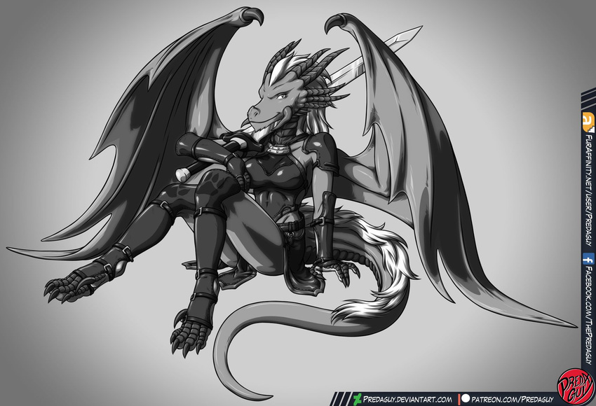 anthro armor ayako breasts claws clothing digital_media_(artwork) dragon female horn leather looking_at_viewer melee_weapon predaguy scalie sitting sword weapon wings