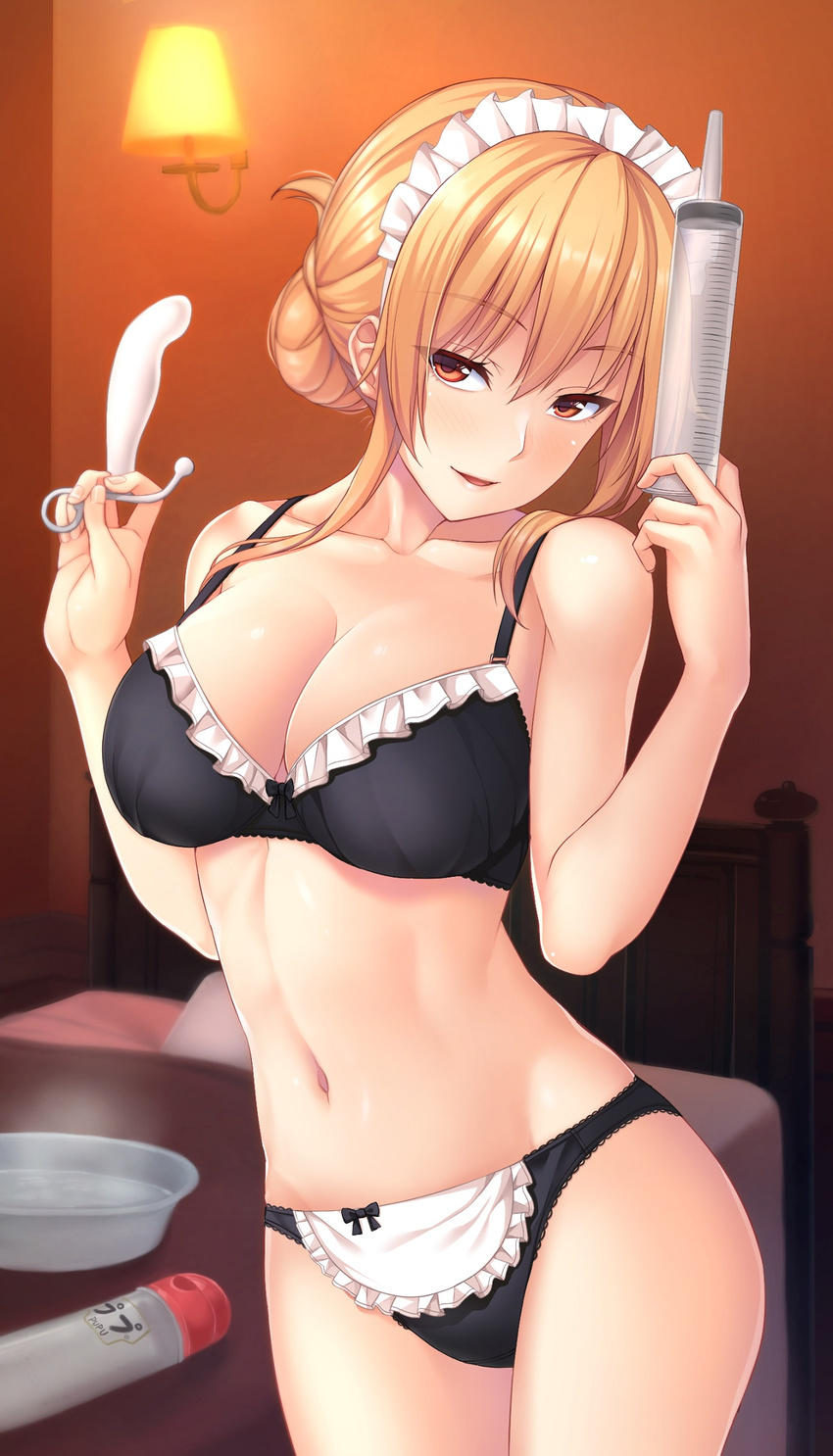 aneros backlighting bangs bare_arms bare_shoulders bed black_bow black_bra black_panties blanket blonde_hair bow bow_bra bow_panties bowl bra breasts cleavage collarbone cowboy_shot eyebrows_visible_through_hair fingernails frilled_bra frills hair_bun hands_up head_tilt highres indoors large_breasts light looking_at_viewer maid maid_headdress naughty_face navel open_mouth orange_eyes original panties shiny shiny_hair sidelocks solo standing steam stomach takocha thighs tied_hair tsurime underwear underwear_only w_arms water