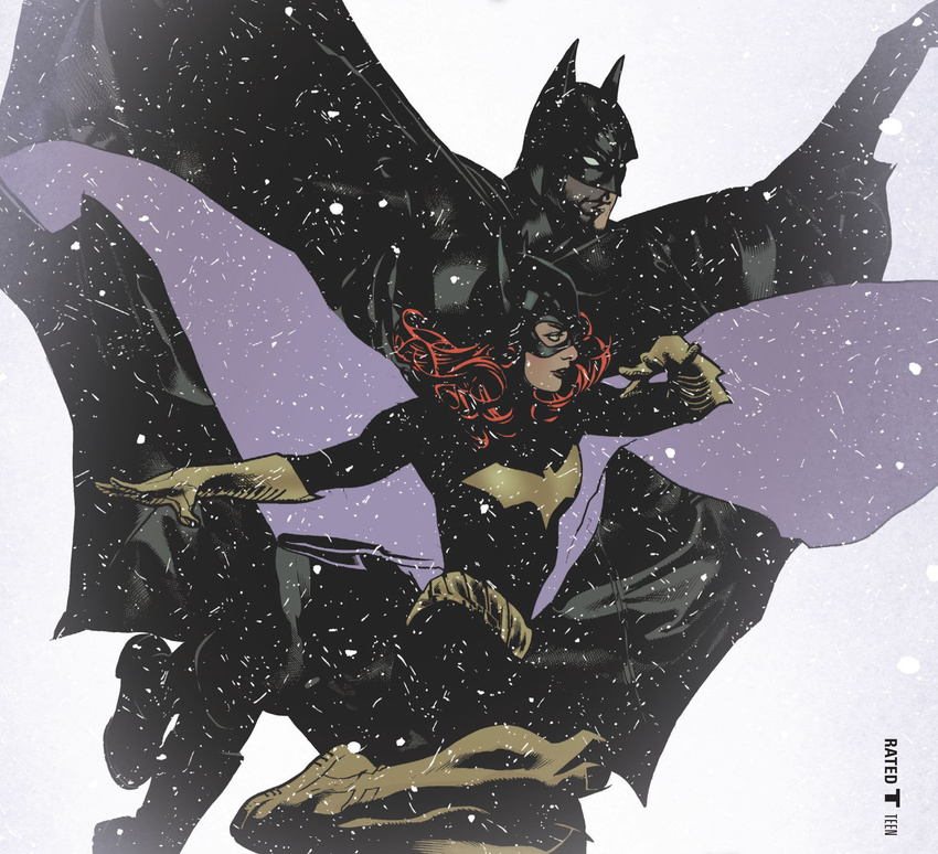 1boy 1girl adam_hughes barbara_gordon bat batgirl batman belt black_bodysuit bodysuit boots bruce_wayne comic costume cover dark_knight dc_comics flying gloves mask red_hair simple_background super_hero super_heroine white_background white_eyes wings