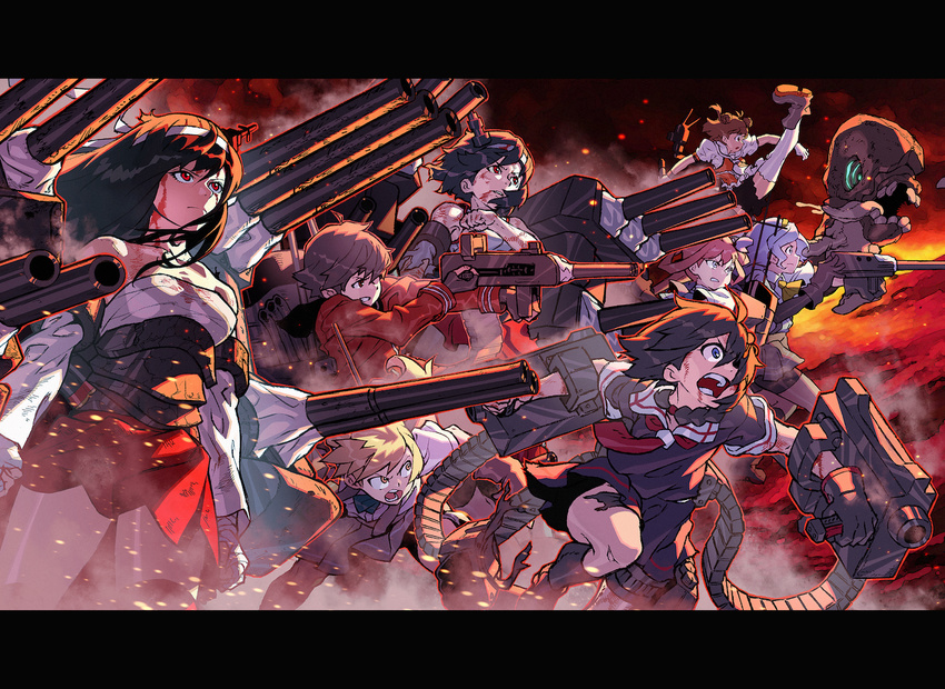 aiming asagumo_(kantai_collection) bare_shoulders bike_shorts black_hair black_serafuku blood blood_on_face bloody_clothes blue_eyes brown_hair bullet charging closed_mouth commentary cowboy_shot detached_sleeves fire fusou_(kantai_collection) gloves grey_eyes gun hachimaki hair_ornament headband high_kick i-class_destroyer kantai_collection kicking letterboxed long_hair machinery michishio_(kantai_collection) mogami_(kantai_collection) multiple_girls naka_(kantai_collection) nontraditional_miko odd_one_out open_mouth orange_eyes pleated_skirt red_eyes red_hair remodel_(kantai_collection) rinta_(reyte) running school_uniform serafuku shigure_(kantai_collection) shouting sidelocks silver_hair skirt smoke smoking_gun standing turret weapon yamagumo_(kantai_collection) yamashiro_(kantai_collection)