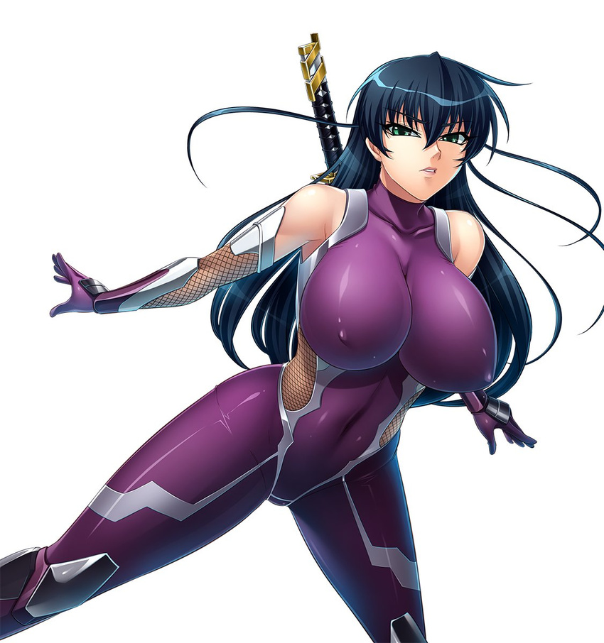 aqua_eyes bangs bare_shoulders blue_hair bodysuit breasts commentary_request covered_collarbone covered_navel covered_nipples elbow_gloves eyebrows_visible_through_hair fishnets gloves highres igawa_asagi impossible_bodysuit impossible_clothes kagami_hirotaka large_breasts long_hair looking_at_viewer official_art parted_lips purple_bodysuit purple_gloves shiny shiny_clothes shiny_hair simple_background skin_tight sleeveless solo sword taimanin_(series) taimanin_asagi thighhighs turtleneck weapon weapon_on_back white_background