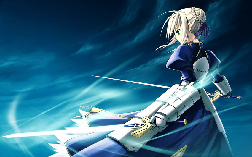 armor armored_dress artist_request artoria_pendragon_(all) blonde_hair caliburn dress dual_wielding excalibur fate/stay_night fate_(series) faulds glowing glowing_sword glowing_weapon green_eyes holding saber solo sword wallpaper weapon