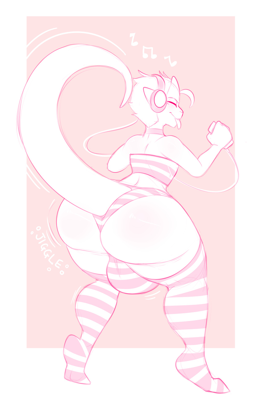2015 anthro big_bulge big_butt bulge butt clothing collar eyes_closed girly goo_creature hair headphones huge_bulge huge_butt jiggling kobold legwear male monochrome mr.pink musical_note panties pink_theme pwink thick_thighs thigh_highs tongue tongue_out tube_top underwear voluptuous wide_hips