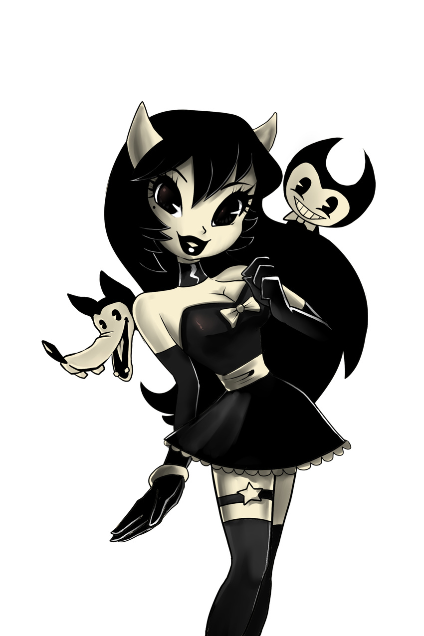 1girl 2boys alice_(bendy_and_the_ink_machine) bendy bendy_and_the_ink_machine black_hair black_lips boris_(bendy_and_the_ink_machine) bow breasts choker cleavage elbow_gloves multiple_boys skirt