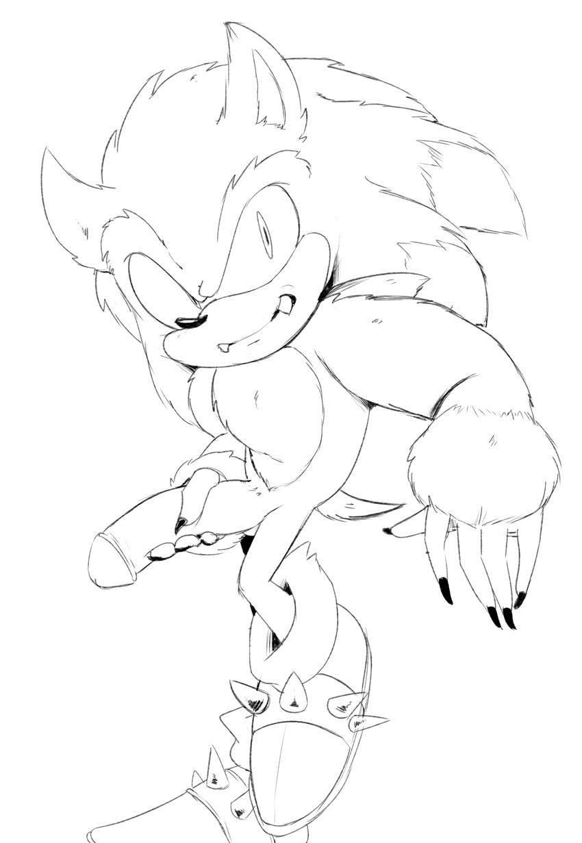 2018 anthro claws clothing footwear fur hearlesssoul humanoid_penis male monochrome mostly_nude penis shoes solo sonic_(series) sonic_the_werehog standing werehog