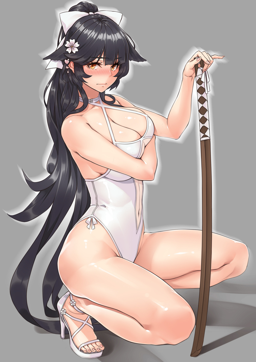azur_lane bare_arms bare_shoulders black_hair blush bokken bow breasts brown_eyes casual_one-piece_swimsuit cleavage closed_mouth criss-cross_halter full_body grey_background hair_bow hair_flaps hair_ribbon halterneck hayama_kazusa high_ponytail highleg highleg_swimsuit highres holding holding_sword holding_weapon horizon large_breasts light_frown long_hair looking_at_viewer navel nose_blush ocean one-piece_swimsuit open_toe_shoes ponytail ribbon shadow shiny shiny_hair shiny_skin simple_background solo squatting straight_hair swimsuit sword takao_(azur_lane) toes very_long_hair weapon white_bow white_ribbon white_swimsuit wooden_sword