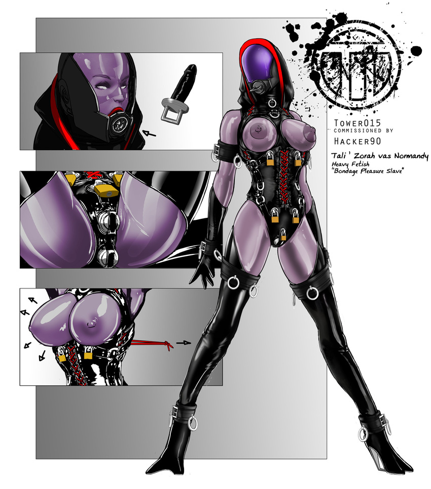 alien anal anal_penetration bdsm bondage_gear bound buttplug clothing cock_gag corset dildo female gag hi_res hood humanoid lingerie mask mass_effect not_furry penetration quarian sex_toy solo strapped_in_toy tali'zorah tower015 vaginal video_games