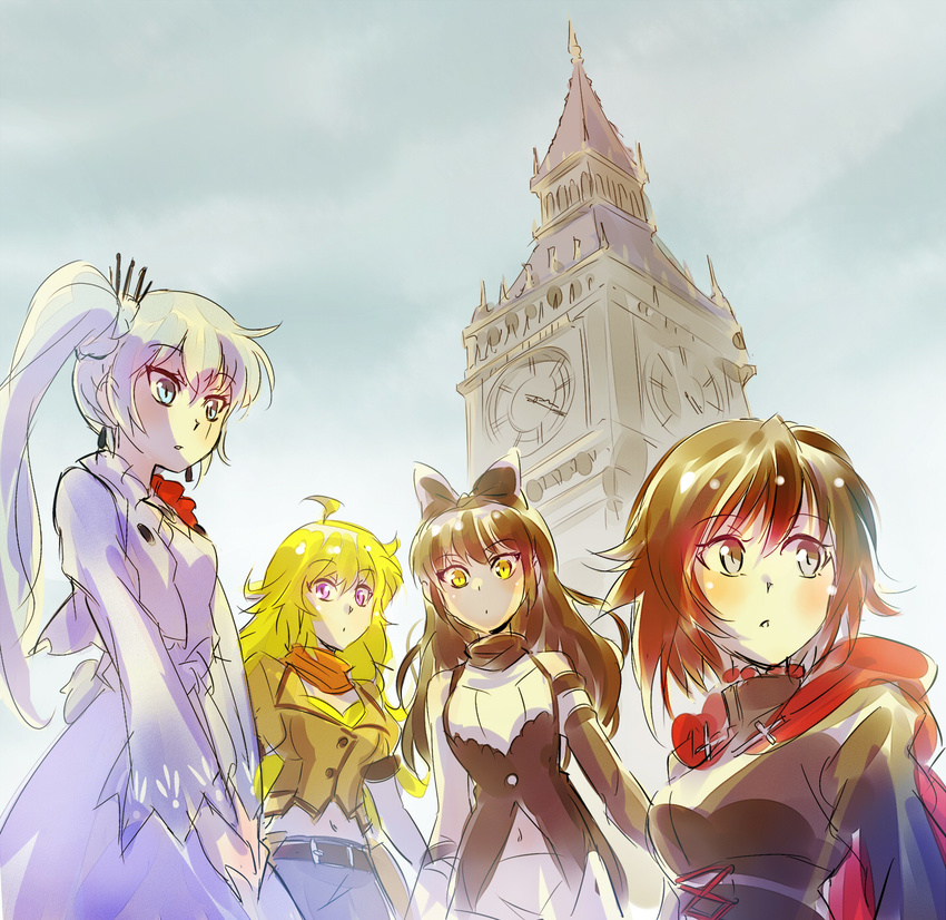 album_cover blake_belladonna commentary_request cover elizabeth_tower highres iesupa multiple_girls parody ruby_rose rwby the_who weiss_schnee yang_xiao_long