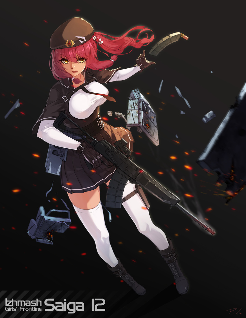 absurdres ammunition_pouch bangs belt belt_buckle beret black_background boots breast_cutout breasts brown_skirt buckle bullet_hole character_name collared_jacket commentary_request damaged dark_skin exhaust eyebrows_visible_through_hair floating_hair flower girls_frontline gloves gun hair_between_eyes hair_flower hair_ornament hair_ribbon hat highres holding impossible_clothes jacket large_breasts light_particles long_hair long_sleeves looking_at_viewer machinery magazine_(weapon) migime_no_yuugure open_mouth outstretched_hand pleated_skirt pouch purple_hair ribbon rigging saiga-12 saiga-12_(girls_frontline) shield shirt shotgun_shells side_ponytail sidelocks signature simple_background skirt smoke smoke_trail solo strap thigh_strap thighhighs thighs throwing tress_ribbon trigger_discipline twintails weapon white_legwear white_shirt wrist_straps yellow_eyes