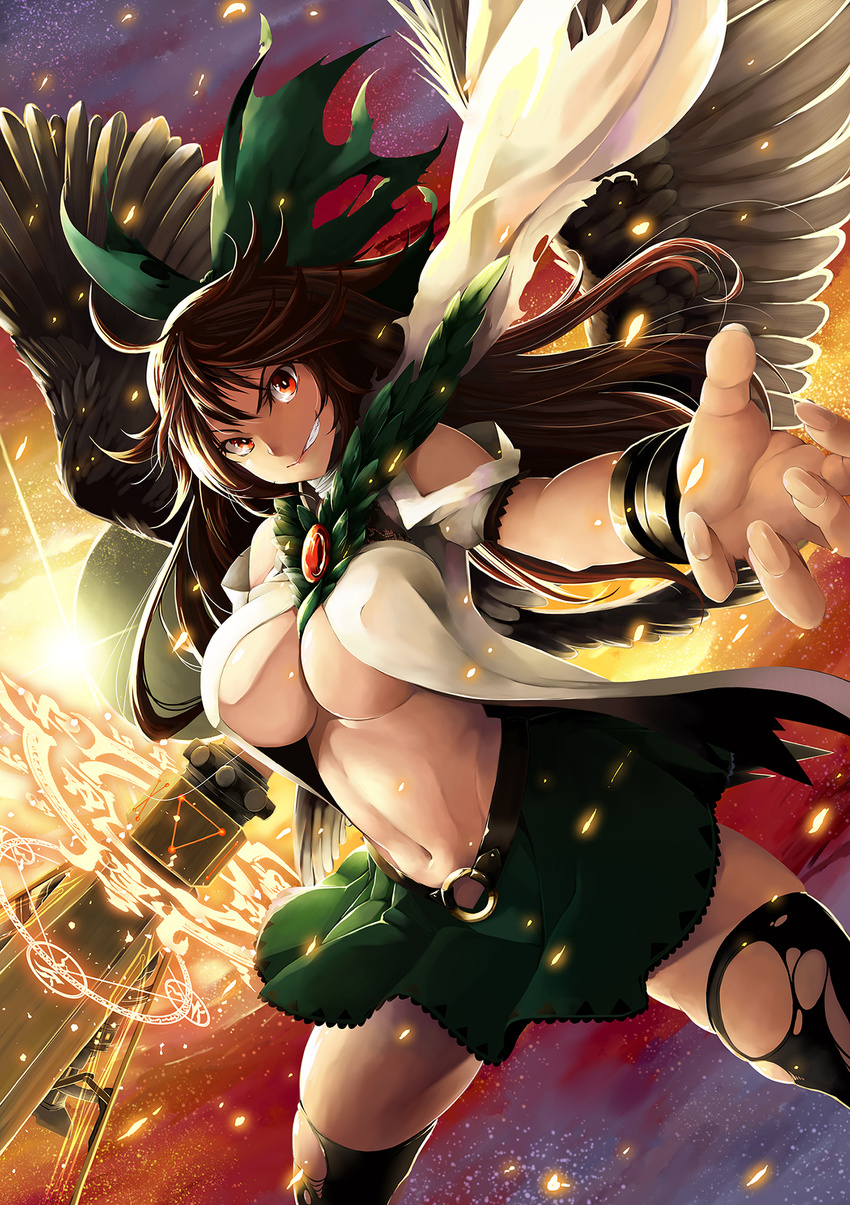 bangs belt black_legwear bow bracer breasts brown_hair commentary_request cowboy_shot dutch_angle feathered_wings fingernails green_skirt grin hair_bow highres holding holding_weapon ishida_kazuma large_breasts legs_apart light_particles long_hair looking_at_viewer midriff navel no_bra open_clothes reaching_out red_eyes reiuji_utsuho shirt short_sleeves skirt smile standing sun sword thighhighs torn_clothes torn_hair_ribbon torn_legwear touhou underboob weapon white_shirt wings zettai_ryouiki