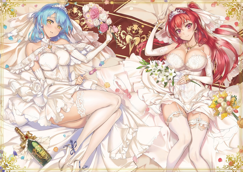 ahoge bangs bare_shoulders blue_flower blue_hair blue_petals blush bottle bouquet breasts bridal_gauntlets bridal_veil bride cleavage closed_mouth crystal_earrings dress earrings elbow_gloves flower frilled_dress frilled_legwear frills garter_straps gloves hair_between_eyes high_heels highres holding holding_bouquet huge_breasts jewelry large_breasts lily_(flower) long_hair looking_at_viewer lying multiple_girls naruse_mio necklace nonaka_yuki official_art on_back on_side ookuma_(nitroplus) open_mouth orange_flower pink_flower pink_petals pink_rose red_eyes red_hair red_petals rose shinmai_maou_no_testament short_hair smile snowflake_earrings thighhighs thighs tiara two_side_up veil wedding_dress white_dress white_flower white_gloves white_legwear white_rose wine_bottle yellow_eyes yellow_flower