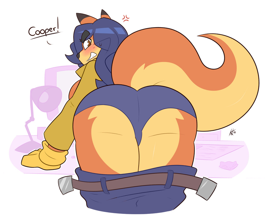 angry assisted_exposure belt bent_over big_butt black_nose blue_hair blush breasts butt canine carmelita_fox clothing coat female fox gloves hair invalid_tag kilinah mammal panties pants pantsing presenting presenting_hindquarters side_boob sly_cooper_(series) teeth underwear video_games