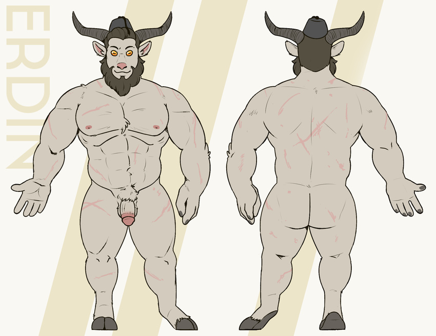 2018 abs beard caprine circumcised circumcision_scar crotch_tuft facial_hair goat goat_eyes hat hooves horn humanoid_face humanoid_penis male mammal model_sheet muscular nude penis scar simple_background solo tied_hair vocalokiba