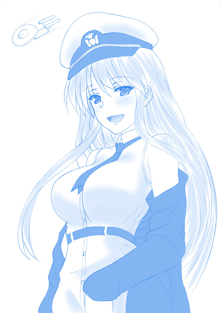 absurdres azur_lane blue breasts coat cowboy_shot enterprise_(azur_lane) eyebrows_visible_through_hair gachishizyou hat highres large_breasts long_hair monochrome namesake necktie open_clothes peaked_cap shirt sleeveless smile star_trek uss_enterprise_ncc-1701 very_long_hair