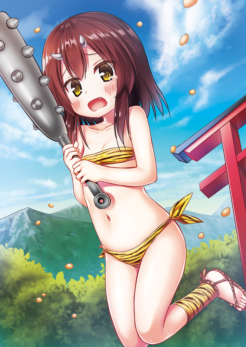 animal_print bare_shoulders beans blue_skirt blush brown_hair cloud club collarbone commentary d: day fang flat_chest highres horns kanabou long_hair looking_at_viewer mountain navel oni_horns open_mouth original outdoors sandals setsubun skirt solo spiked_club strapless tears tiger_print torii tubetop weapon yellow_eyes yukino_minato