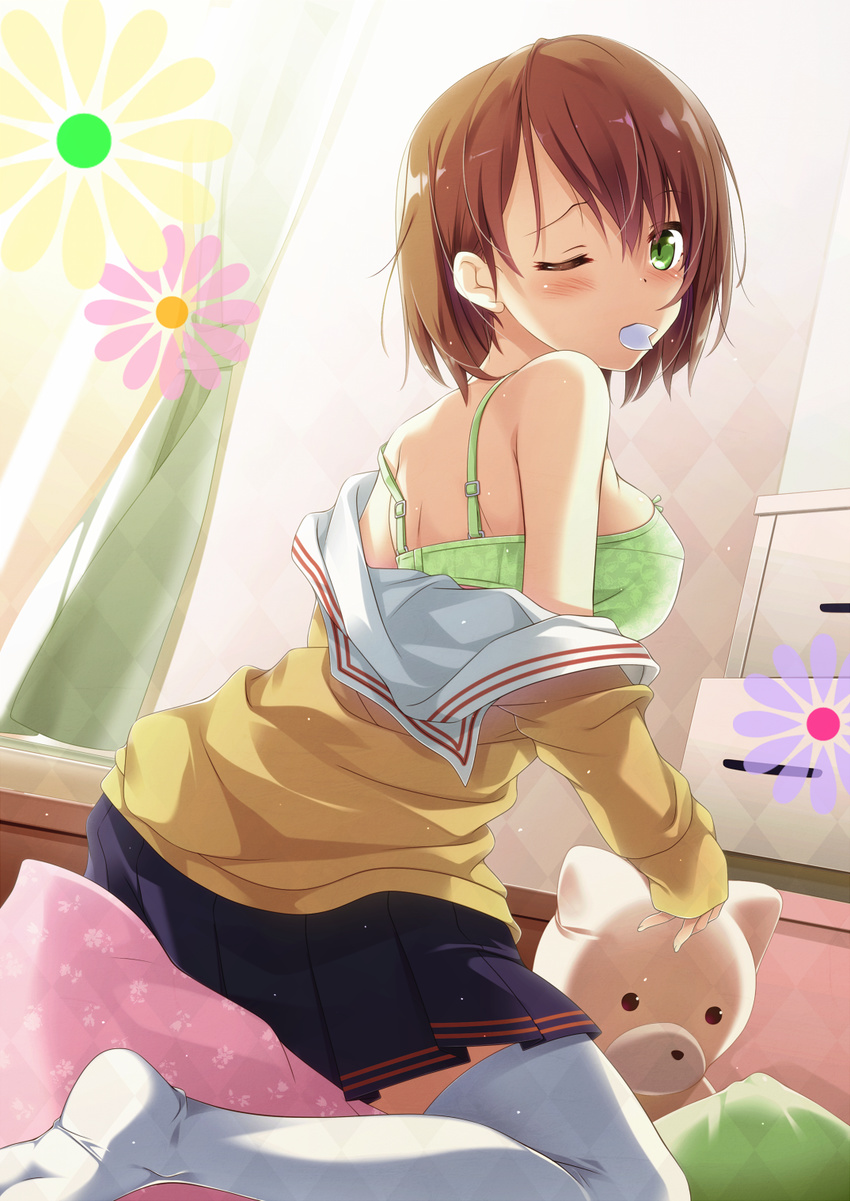 bangs blue_skirt blush bra breasts brown_shirt commentary_request curtains eyebrows_visible_through_hair from_side green_bra green_pillow highres indoors looking_at_viewer medium_breasts mouth_hold no_shoes off_shoulder on_bed one_eye_closed original pillow pink_pillow pleated_skirt sailor_collar school_uniform shirt short_hair sitting skirt soles solo strap_slip stuffed_animal stuffed_toy teddy_bear thighhighs underwear uzuki_hiro white_legwear