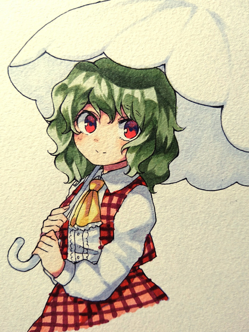 ascot bangs blush checkered checkered_skirt checkered_vest closed_mouth commentary eyebrows_visible_through_hair green_eyes green_hair highres holding holding_umbrella kazami_yuuka long_sleeves looking_at_viewer marker_(medium) red_eyes red_skirt red_vest sasa_kichi skirt smile solo touhou traditional_media umbrella upper_body vest wavy_hair yellow_neckwear