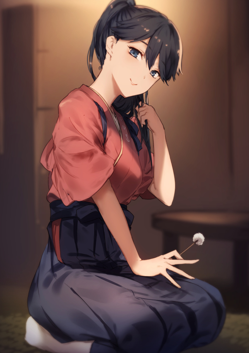 1girl anchor_print black_hair blue_eyes eyebrows_visible_through_hair floral_print hair_between_eyes hair_tucking hakama hakama_skirt head_tilt high_ponytail highres houshou_(kantai_collection) indoors japanese_clothes kantai_collection kimono kyouya_(mukuro238) lap_pillow_invitation long_hair looking_at_viewer mimikaki pantyhose pink_kimono ponytail seiza signature sitting smile table tasuki white_legwear wide_sleeves