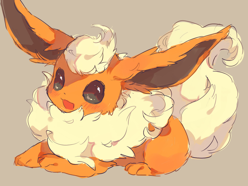 :d black_eyes flareon from_side full_body gen_1_pokemon grey_background hideko_(l33l3b) looking_at_viewer no_humans open_mouth pokemon pokemon_(creature) simple_background sitting sketch smile solo