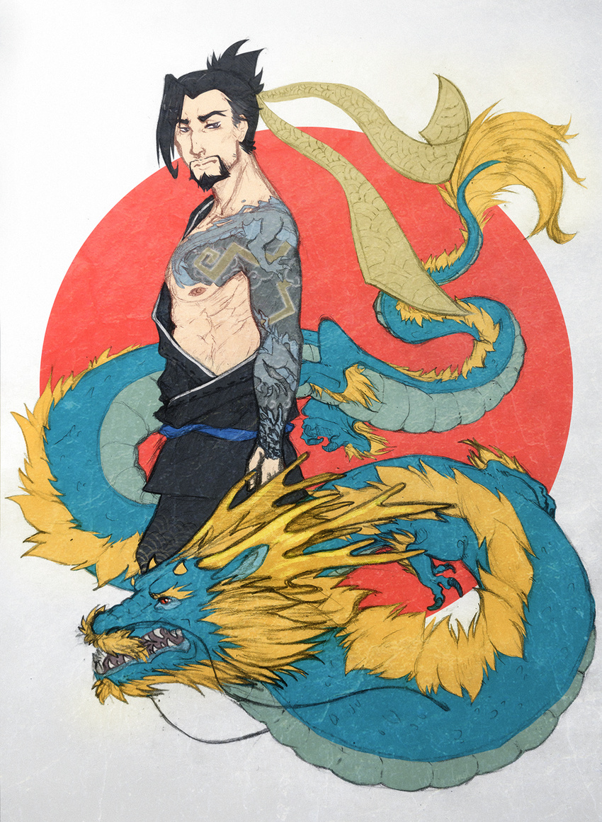 beard dragon eastern_dragon facial_hair hakurate hanzo hanzo_(overwatch) hanzo_shimada overwatch scalie tattoo video_games whcardinal whiskers