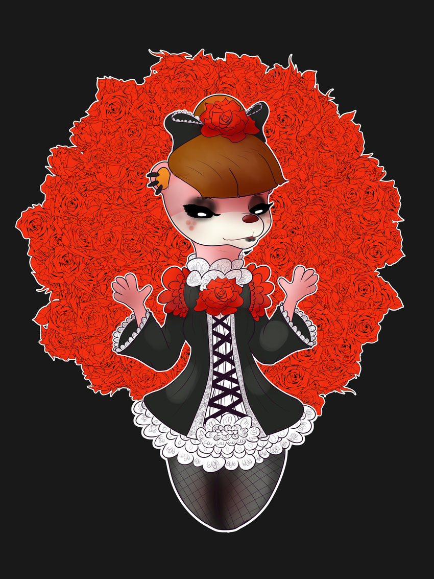 2018 animal_crossing anthro bow brown_hair clothed clothing digital_media_(artwork) dress eeekay female freckles fur goth gothic_lolita hair hair_bow hair_ribbon hi_res lace lolita_(fashion) lottie_(animal_crossing) mammal mustelid nintendo otter ribbons simple_background solo video_games