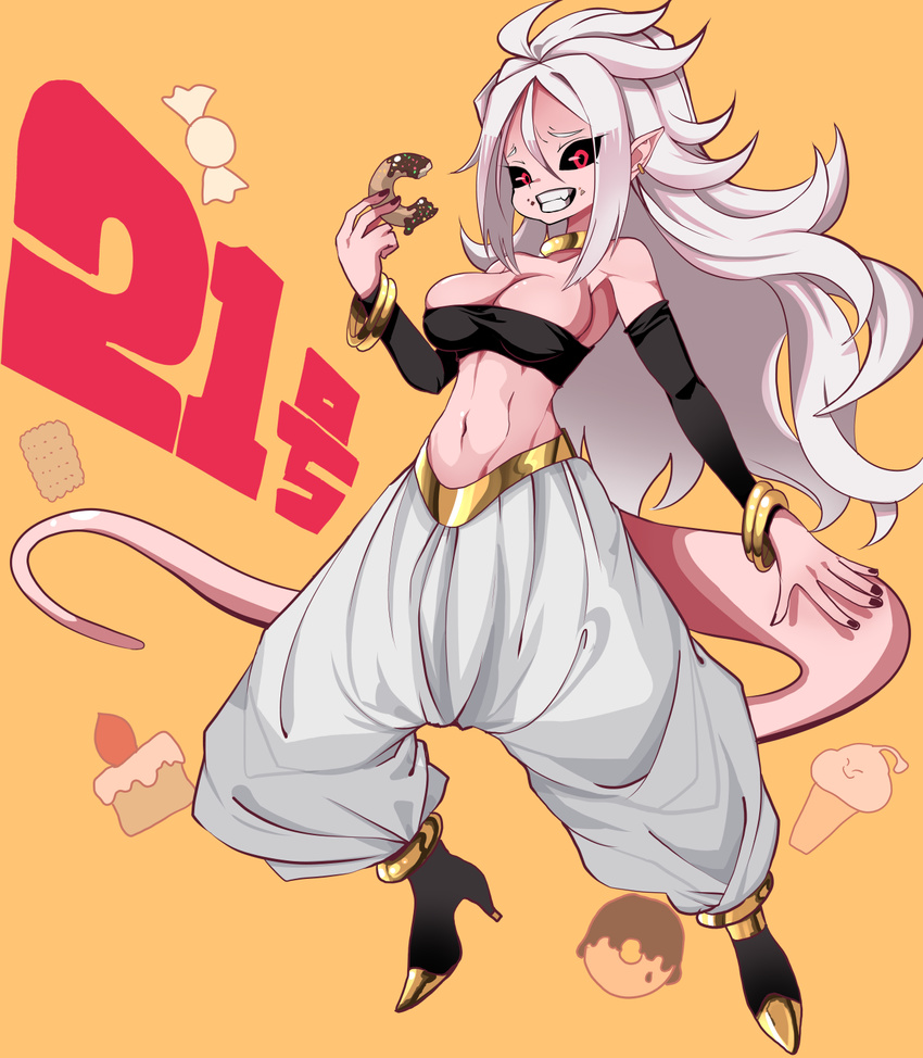 android_21 bare_shoulders black_sclera bracelet breasts character_name cleavage clenched_teeth doughnut dragon_ball dragon_ball_fighterz earrings food full_body gold_trim highres jewelry looking_at_viewer majin_android_21 medium_breasts midriff naruwe navel pink_skin pointy_ears red_eyes simple_background solo tail teeth yellow_background