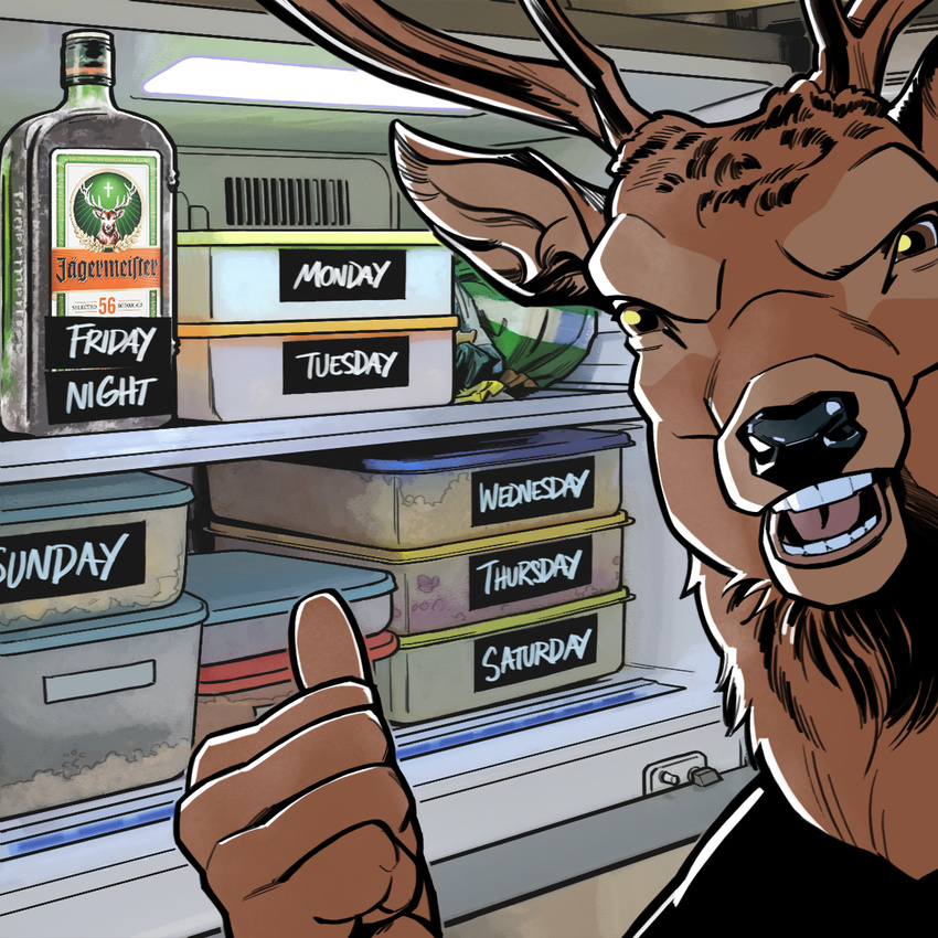 5_fingers alcohol anthro antlers beverage billmund brown_eyes brown_fur cervine creatures_of_the_night deer food fridge fur hi_res horn j&auml;germeister looking_at_viewer male mammal open_mouth smile solo teeth the_stag