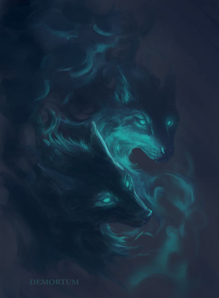 blue_eyes blue_theme canine demortum digital_media_(artwork) duo feral fur glowing glowing_eyes mammal wolf