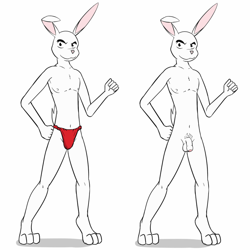 clothed clothing flaccid foreskin front_view fundoshi fuze japanese_clothing lagomorph male mammal nude penis pubes rabbit raised_tail red_clothing red_underwear short_tail skimpy super_turbo_atomic_ninja_rabbit topless uncut underwear