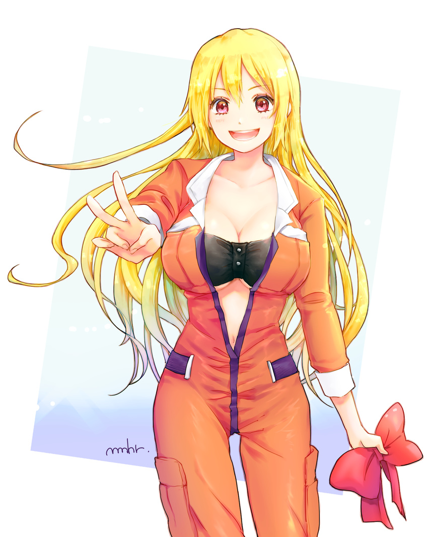 :d artist_name bad_id bad_pixiv_id bandeau blonde_hair bow breasts collarbone highres holding_bow jumpsuit large_breasts long_hair looking_at_viewer mamehara miru_eru navel open_mouth orange_jumpsuit plastic_memories red_bow red_eyes smile solo unzipped v very_long_hair