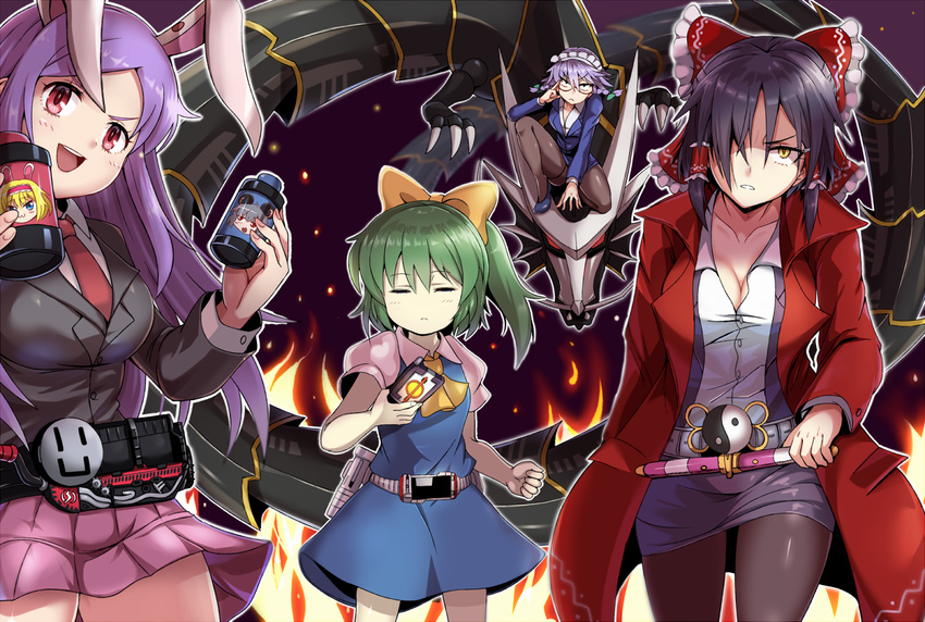 alice_margatroid animal_ears belt black_hair black_legwear blush bow breasts bunny_ears cleavage closed_eyes closed_mouth collarbone cookie_(touhou) daiyousei diyusi_(cookie) dragblacker enperuto_(yarumi) eyebrows_visible_through_hair facing_viewer glasses hair_bow hair_tubes hakurei_reimu hinase_(cookie) hisui_(cookie) ichigo_(cookie) izayoi_sakuya kamen_rider kamen_rider_555 kamen_rider_amazons kamen_rider_build_(series) kamen_rider_ryuki_(series) large_breasts long_hair long_sleeves looking_at_viewer maid_headdress multiple_girls nazrin necktie nyon_(cookie) open_mouth pantyhose parted_lips pink_skirt puffy_short_sleeves puffy_sleeves purple_hair red_bow red_eyes red_neckwear reisen_udongein_inaba rider_belt ryuuga_(cookie) sananana short_ponytail short_sleeves side_ponytail skirt smile touhou yellow_bow yellow_eyes