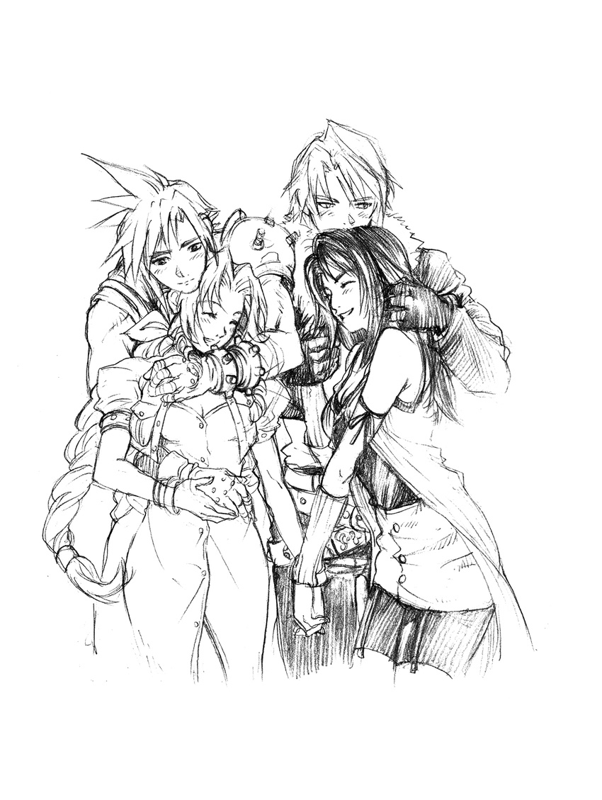 arm_warmers breasts cleavage cloud_strife crossover final_fantasy final_fantasy_vii graphite_(medium) greyscale highres long_hair medium_breasts monochrome multiple_boys multiple_girls rinoa_heartilly rinoaxyz short_hair sleeveless_duster small_breasts squall_leonhart traditional_media