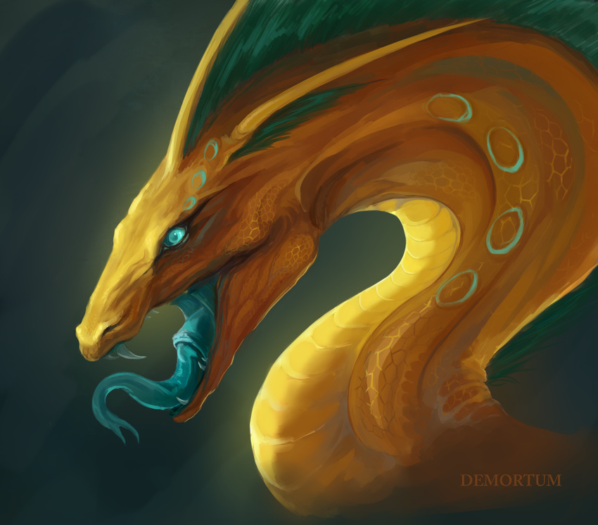 blue_eyes blue_tongue demortum digital_media_(artwork) dragon feral green_background headshot_portrait portrait scales simple_background solo yellow_scales