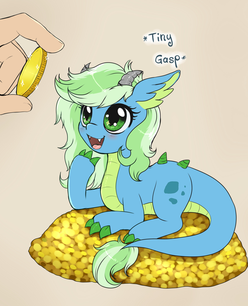 2018 blue_scales blush campfire_(character) claws coin cute cute_fangs digital_media_(artwork) disembodied_hand dragon equine evomanaphy fan_character fangs female feral full-length_portrait gasping gold_(metal) gold_coin green_eyes green_hair hair happy horn human hybrid long_hair mammal multicolored_hair my_little_pony open_mouth open_smile portrait scales scalie simple_background slit_pupils smile solo sparkles tail_tuft teeth tongue tuft