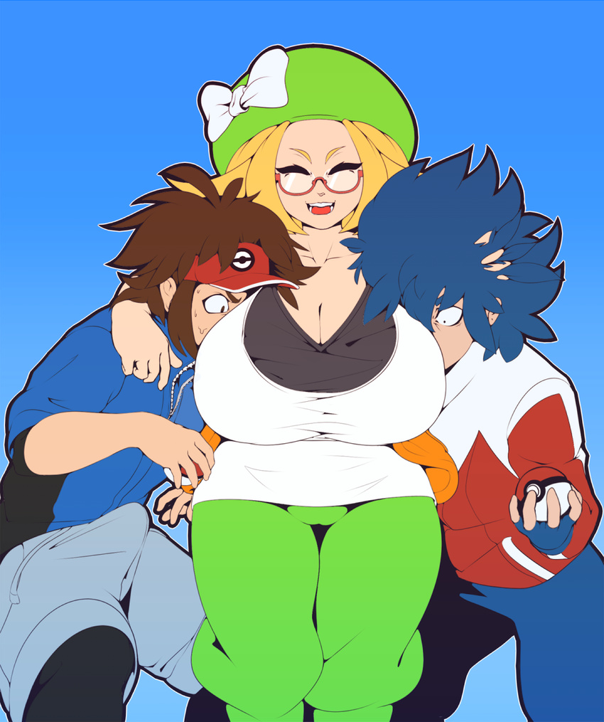 1girl 2boys arm_around_neck bel_(pokemon) beret blonde_hair blue_background blue_hair blue_jacket blue_pants bow breasts brown_eyes brown_hair cleavage collarbone erection erection_under_clothes eyes_closed glasses green_hat green_pants hand_on_another's_head hand_up hat hat_bow highres holding holding_poke_ball hue_(pokemon) huge_breasts jacket kyouhei_(pokemon) long_sleeves matching_hair/eyes multiple_boys mystical open_mouth outline pants poke_ball pokemon pokemon_(game) pokemon_bw2 red-framed_eyewear red_jacket shirt short_hair short_sleeves shorts simple_background smile standing sweat teeth white_bow white_shirt zipper